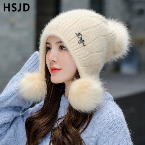 Warm Rabbit Hair Knitted Beanie Hat Cute Three Hair Ball Winter Womens Hats Thick Skullies Beanies Stripe Caps Bonnet Femme