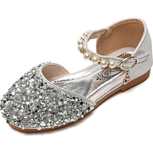 Girls Sandals Dance Shoes Princess Pearl Cute Sweet Kids Casual Flats Hot All-match 21-36 Lady Shoes Chic for Wedding Sequined