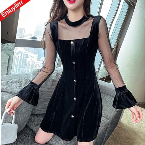 Women Winter Spring Basic Wear Velvet Elegant Party Patchwork Sheer Mesh Sexy Black Mini Dress