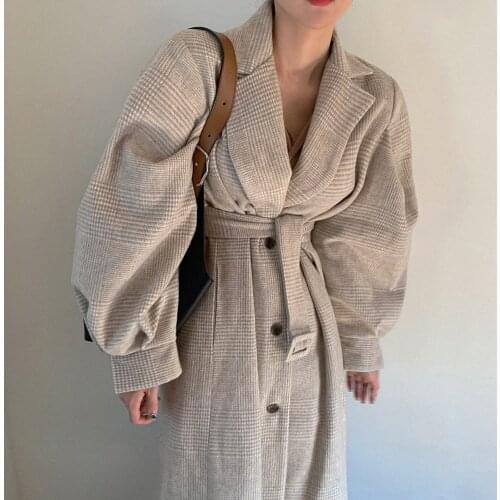 Women Winter 2021 Woolen Lantern Sleeve Coat Single Breasted Turn Down Collar Jackets Plaszcze Damskie Manteau Femme Plus Size