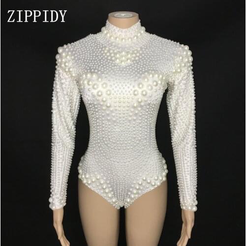 Design White Pearls Stretch Leotard Womens Dance Bodysuit Prom Celebrate Outfit Bar Nightclub Women Dancer Outfit