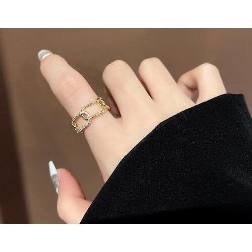Korean New Trendy Geometry Link Chain Rings for Women Fashion Design Zircon Jewelry Elegant Index Finger Opening Adjustable Ring