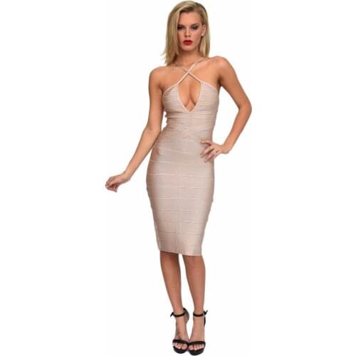 Nude deep v neck knee length rayon knitted 2018 new arrivals sexy womens spaghetti strap bandage dress