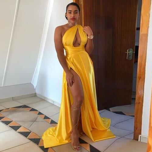 Yellow Evening Dress One Shoulder Pleats Sexy Prom Dress High Side Split Formal Party dress 2020 robe de soiree