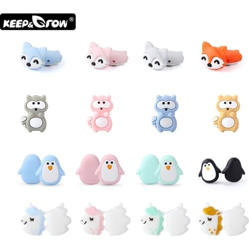 Keep&Grow 4pcs Raccoon Fox Perle Silicone Beads Animal Silicone Teething Beads Pacifier Clips Chain Food Grade Teether Beads