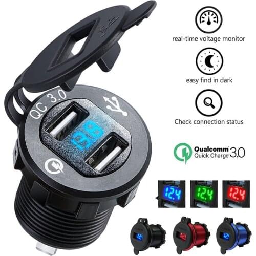 QC 3.0 Dual USB Car Charger Socket Car Power Outlet Marine Cigarette Lighter Adapter LED Voltmeter For 12V/24V Motocycle Auto