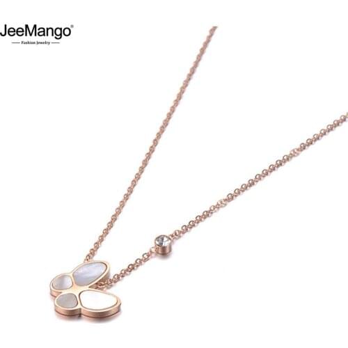 JeeMango Original Titanium Steel Butterfly Animal Pendant Jewelry CZ Crystal Shell Choker Wedding Necklace For Women JN19090
