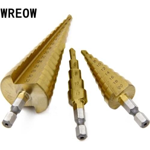 3pcs/lot 4-12/20/32mm HSS Coated Cone Step Drill Bit Woodworking Hex Shank Straight Slot Drill Hole Saw Cutter Tool