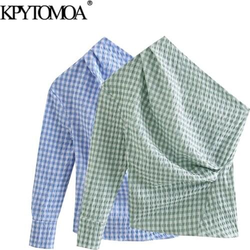 KPYTOMOA Women 2021 Fashion Pleated Plaid Print Irregular Blouses Vintage One Shoulder Side Button-up Female Shirts Chic Tops