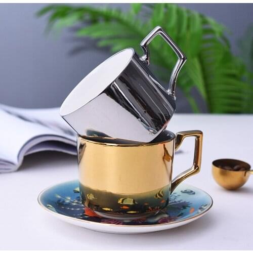 Creative Coffee Cup Full Flower Reflection Mirror Cup Ceramic Electroplated Cup Saucer Tea Cup Set Gift Ceramic Coffee Cup Set
