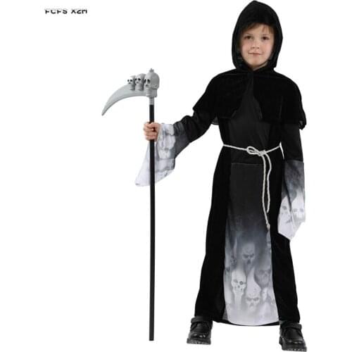 M-XL Gothic Boy Demon Hell Devil Cosplay Kid Children Halloween Fiend Azrael Death Costume Carnival Purim Masquerade Party dress