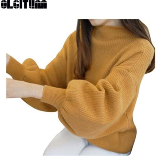 New OLGITUM Korean Style Spring Autumn Half Collar Sweater Pullover Bottoming Lantern Sleeve Loose Sweater Female SW323