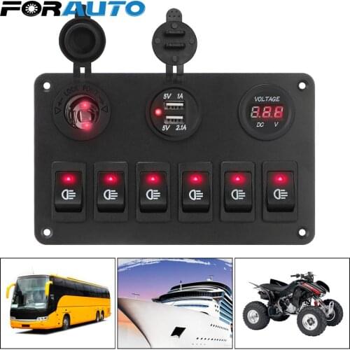 6 Gang Rocker Switch Panel DC 12V/24V LED Digital Voltmeter Waterproof ON/OFF Lights Car Marine Circuit Breaker Dual USB Ports