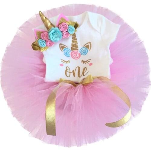 1 Year Birthday Dress For Baby Girl Party Cake Smash Outfits Princes Dress Unicorn Headband Baby Clothing Summer Kids Clothes