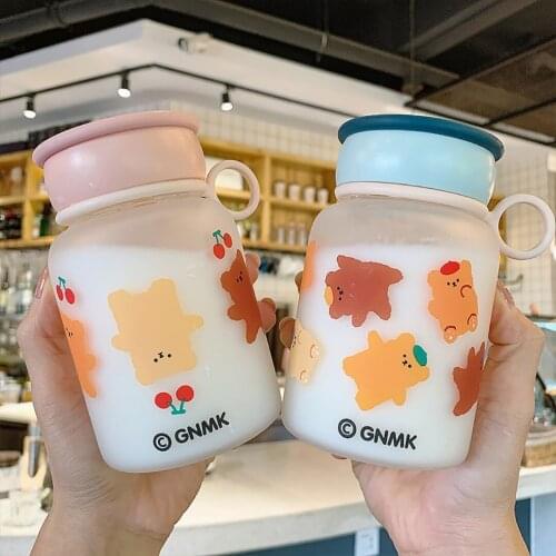 350ML-480ML Cartoon Cherry Bear Portable Handle Large Capacity Small Capacity Lovely Campus Handy Glass Water Cup With Scale Cup