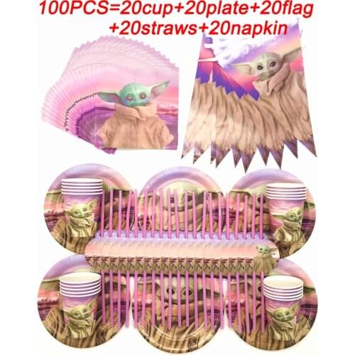 Mandalorian Birthday Party Supplies Baby Yoda Party Pink Disposable Tableware Paper Plate Cup Straw Baby Shower Party Decor Flag