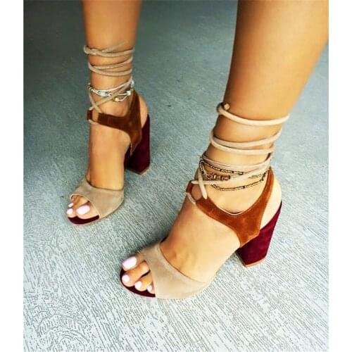 Chunky Heel Lace Up Sandals Open toe flock material cut out narrow strap gladiator style summer shoes woman runway party shoes