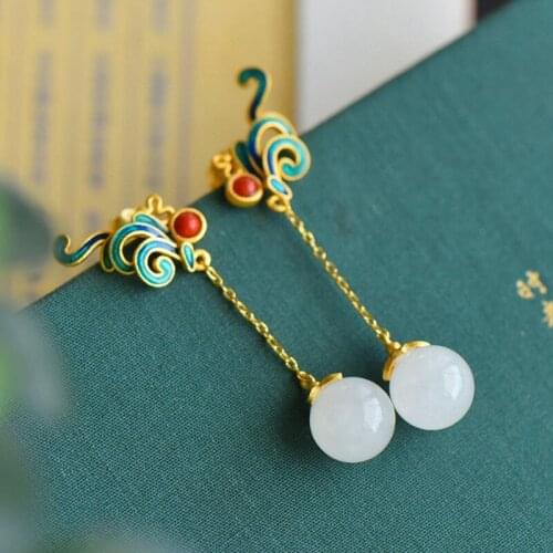 S925 Sterling Silver Antique Eardrops Chinese Style Super Fairy Court Style Natural Hetian Jade Earrings Retro Ethnic Style Earr