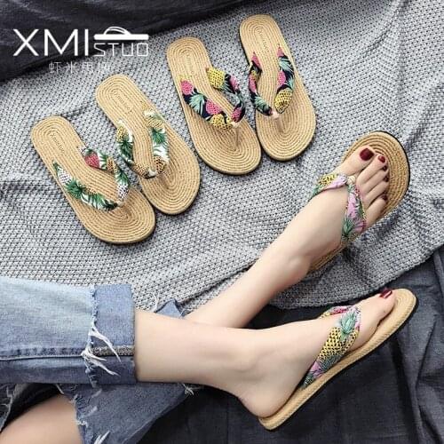 Slippers womens Hemp soled Japanese flip flop holiday beach shoes flat bottomed non slip net red sandals