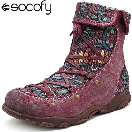 Socofy Printed Genuine Leather Winter Boots Women Shoes Vintage Motorcycle Ankle Boots Tenis Woman Shoes Autumn Winter 2018 Bota
