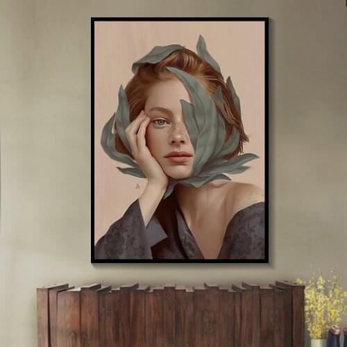 Modern Abstract Cute Woman Canvas Picture Nordic Wall Art Leaf Poster and Prints Wall Pictures for Living Room Decoration Home
