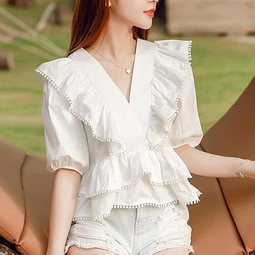 Streetwear Ruffles Blouse Women Korean Purple White Kawaii Summer Tops Plus Size V Neck Shirts blouses femme