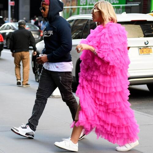 Unique Fashion Fuchsia Long Women Jacket Custom Made Color Free Tulle Long Robes Women Full Sleeves Ruffles Tiered