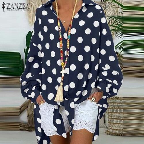 ZANZEA Bohemian Women Summer Shirt Casual Long Sleeve Polka Dot Printed Blouse Female Lace Up Tops Chemise Loose Holiday Blusas