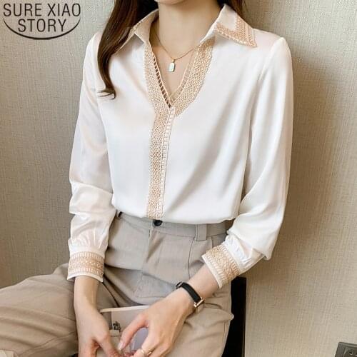 2021 Autumn Hollow Out Embroidery Blouse New office lady Elegant V-neck Lapel Chiffon Shirt Tops Women Shirts Blouses 15939