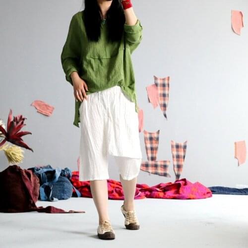 Women Loose Solid Cotton Linen Pants Ladies Patchwork Vintage Elastic Waist Harem Trousers Female 2020 Summer Knee Length Pants