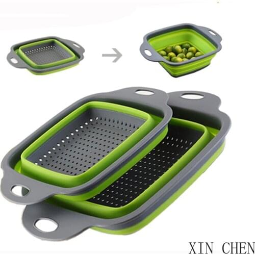 1pc Fruit Vegetable BasketsSquare Shape Drain Basket Collapsible Colanders Foldable Silicone Kitchen Organizer Folding Strainers