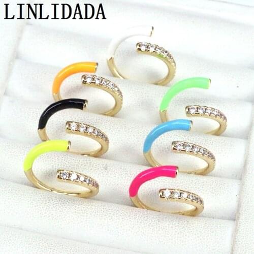 10Pcs Fashion Enamel Women Ring Gold Color Neon Green Yellow Fluorescent CZ Finger Ring Wedding Engagement Adjustable