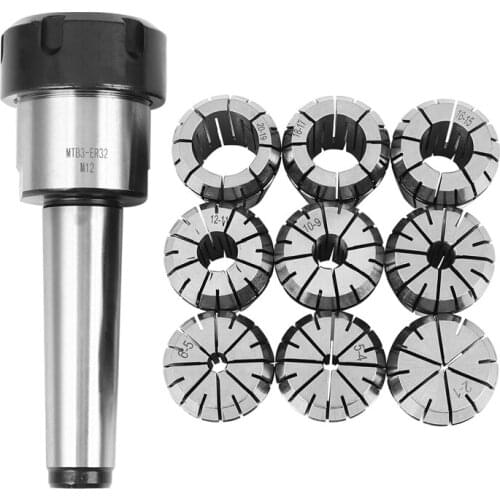 10Pcs ER32 Spring Collets Set 2/4/6/8/10/12/16/18/20mm + MT3 M12 ER32 Collet Chuck Morse Taper Holder
