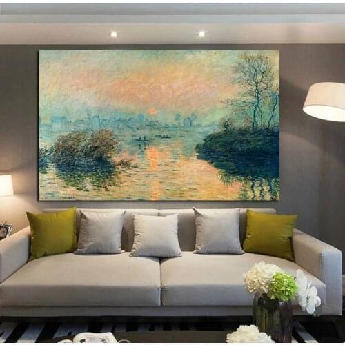 100% Hand Painted Monet Sunset Woods Creek Sunshine Canvas Oil Paintings Room Wall Art Painting Abstract Decoratio Frameless