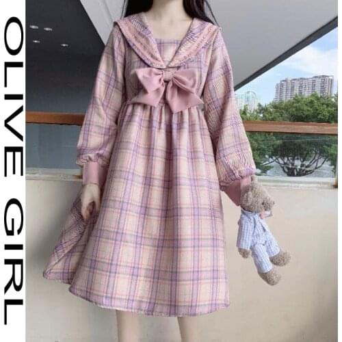 2021 JK Kawaii Sweet Lolita Dress Womens Spring Japanese Sailor Collar Bow Stitching Long Sleeve Plaid Dress