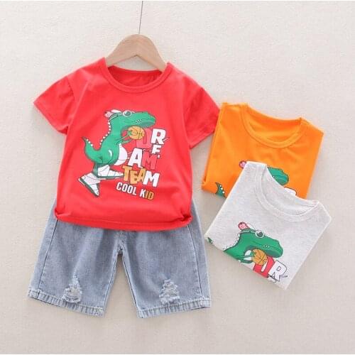 2021 Fashion Baby Boys Clothes Suit Summer Casual Kids Girls Cartoon Dinosaur T-shirt+ Denim Shorts 2PCS Sets Infant Clothing