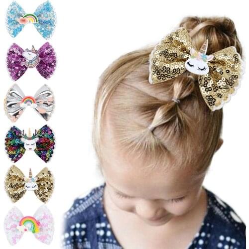 Baby Cute Rainbow Bow-knot Hair Clips Sequins Laser Candy Color Girls Cartoon Hairpins BB Clip Hair Accessories