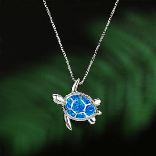 Dainty Female Blue Opal Pendant Necklace Classic Silver Color Chain Necklaces For Women Luxury Turtle Crystal Wedding Necklace