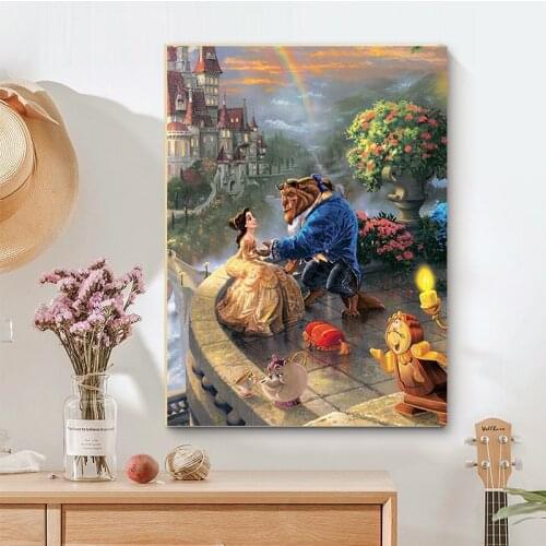 Beauty and the Beast Disney Canvas Paintings Cartoon Watercolor Posters 5D Prints Art Wall Pictures for Kids Gift Room Decor