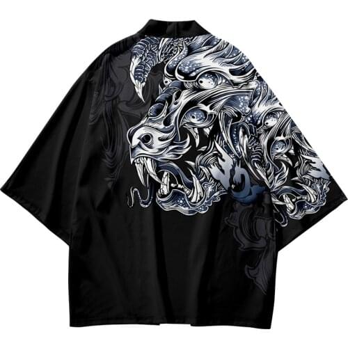 Dragon Printed Kimono Cardigan Men Japanese Traditional Casual Loose Coat Pants Asian Clothes Harajuku