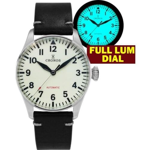 Cronos Mens Pilot Mechanical Watch BGW9 Luminous Sapphire Crystal 316 Stainless Transparent Case Waterproof Copper Hands Watches