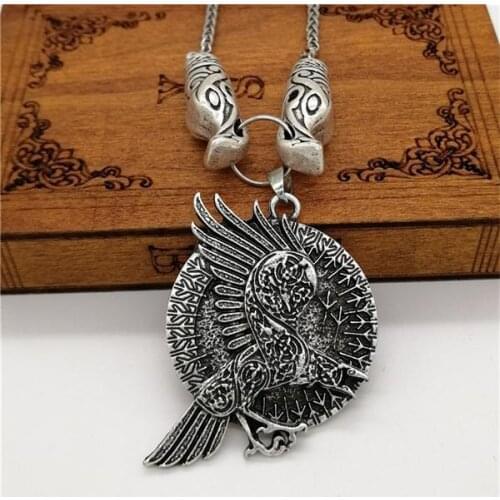 Antique Silver Wolf Fly Raven Pendant Nodic Viking Run Amulet Pagan Wicca Mens Necklace