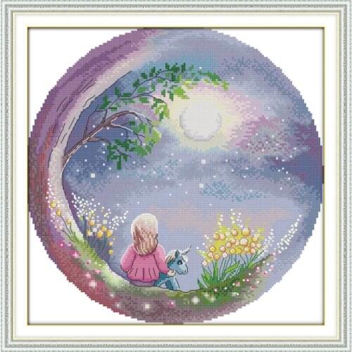Ooking up at the moon sky DIY cross stitch kit 14CT 11CT white cloth canvas printing needlework kit childrens room decor gifts