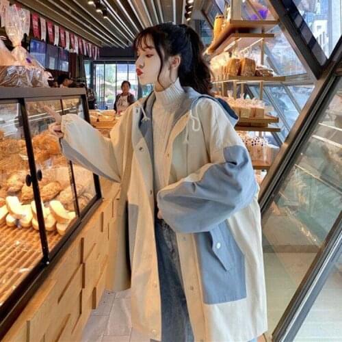 2020 New Korean Long Windbreaker Women Hooded Hit Color Patchwork Casual Jackets Loose Tide Cool Popular Fashion BFJackets S46