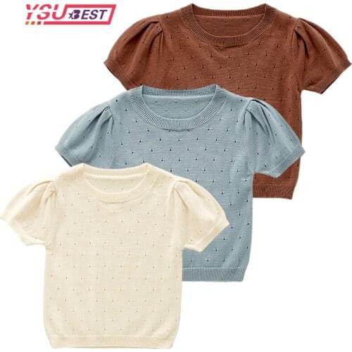 New Kids Knitting Sweaters Baby Solid Pullover Tops Hollow Out Short Sleeve Lotus Breathable Collar Baby Girls Pullover Sweaters