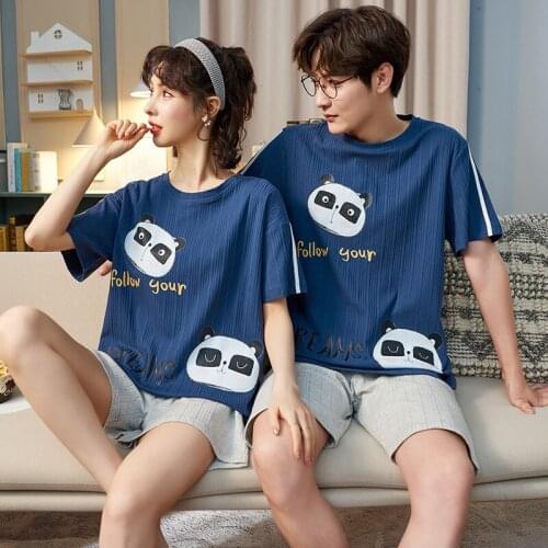 New O-Neck Short Sleeve Couple Pajamas Set Funny Panda Cartoon Sleepwear Korean Fashion Blue Short Sleeve Man And Woman Homewear