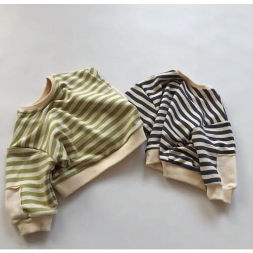 2021 Spring and Autumn New Simple Stripe Cotton Soft Children Splicing Bat Shirt Children Korean T-shirt Long Sleeve Pullover