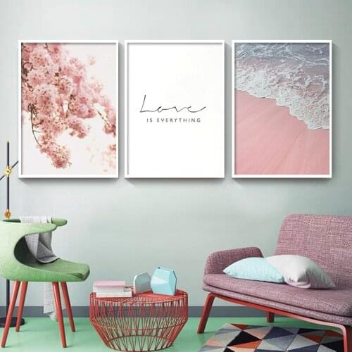 Scandinavian Nordic Style Poster Sea Beach Canvas Painting Pink Flowers Wall Art Pictures for Living Room Home Decoration