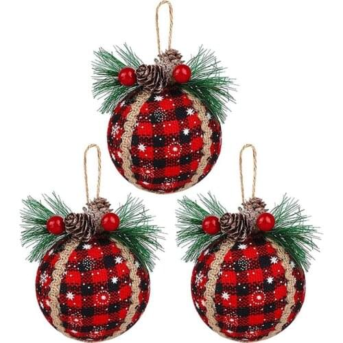 Christmas Lattice Ball Ornaments, Black and Red Buffalo with Pine Cones and Green Belt, Christmas Tree Ornaments (3 PCS)