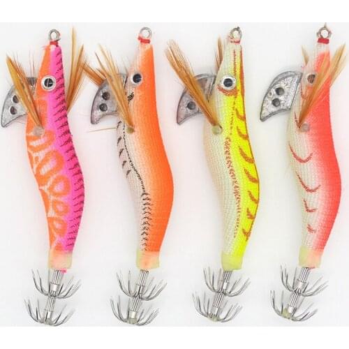 Luminous Squid Jigs 4pcs/set Mixed Color Glow Wood Shrimp with Octopus Squid Jig Hooks Cuttlefish Fishing Lure Size 2.0# 8.5cm
